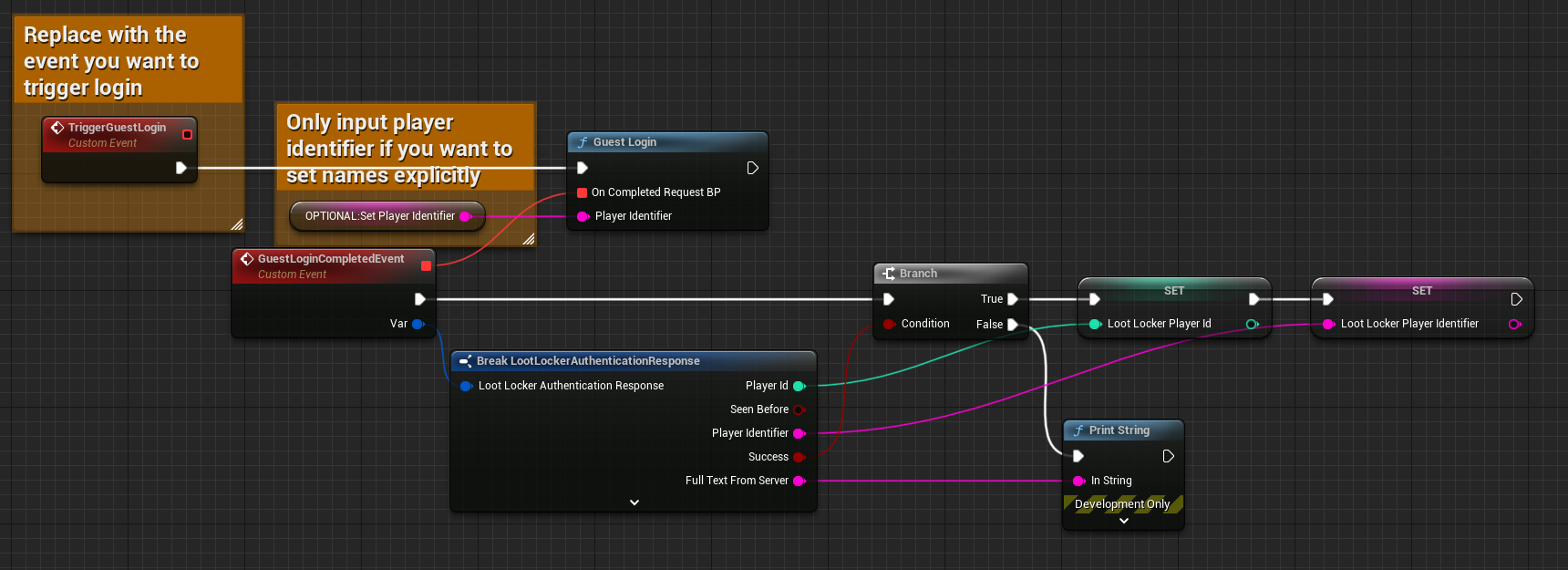 Shows an example of how to implement guest login in Unreal Blueprints - see link: https://blueprintue.com/blueprint/chv8-bf-/
